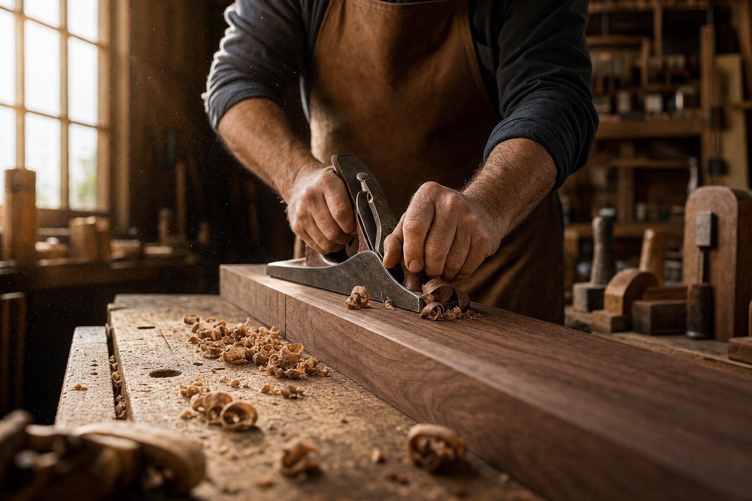 Master carpenter hand-planing a walnut board in the Carpenova workshop